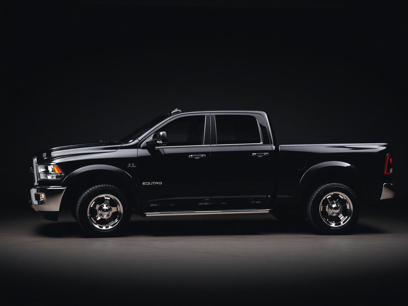 Black dually pickup truck in studio lighting