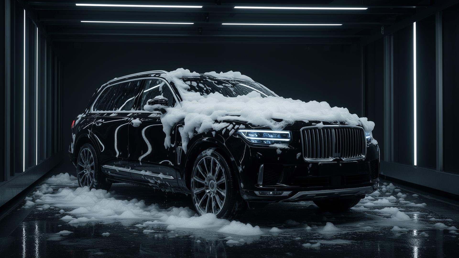 Black luxury SUV in modern car wash tunnel